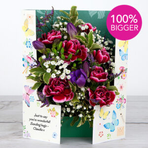 Flowercard with Lilac Freesias, Spray Carnations, Limonium, Gypsophila and Pittosporum