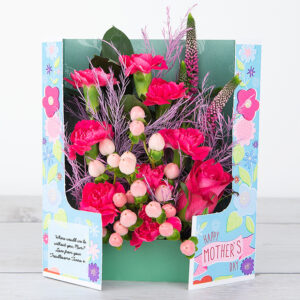Mother’s Day Flowers with Deep Water Roses, Veronica, Carnations, Hypericum, Tree Fern and Ruscus