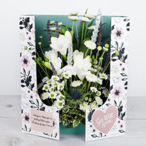 White Santini and Freesias with Lavender and Silver Wheat ‘Get Well Soon’ Flowercard